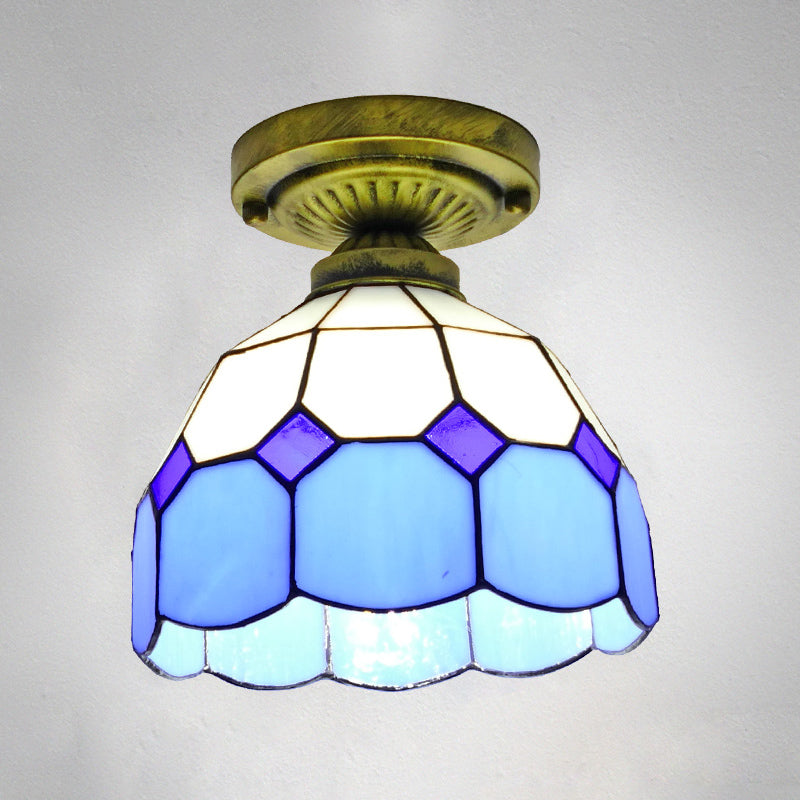 1��Head Flush Mount Light Classic Bell Shade Gridded Glass Semi Flush Ceiling Light Clearhalo 'Ceiling Lights' 'Close To Ceiling Lights' 'Close to ceiling' 'Glass shade' 'Glass' 'Semi-flushmount' 'Tiffany close to ceiling' 'Tiffany' Lighting' 2186406