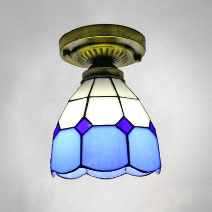 1��Head Flush Mount Light Classic Bell Shade Gridded Glass Semi Flush Ceiling Light Blue 6" Clearhalo 'Ceiling Lights' 'Close To Ceiling Lights' 'Close to ceiling' 'Glass shade' 'Glass' 'Semi-flushmount' 'Tiffany close to ceiling' 'Tiffany' Lighting' 2186407