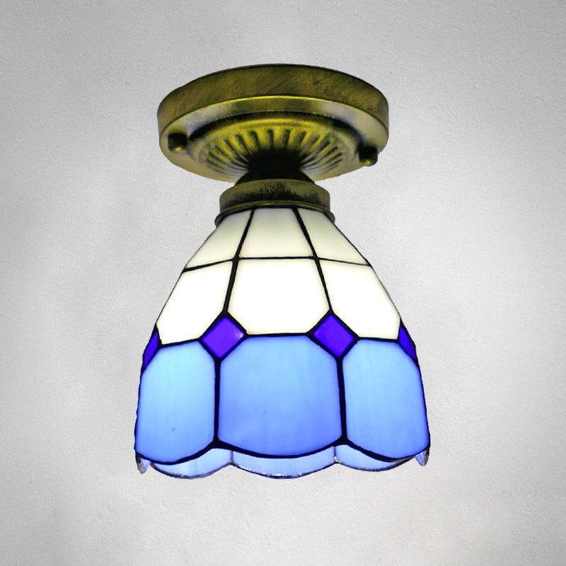 1 Head Flush Mount Light Classic Bell Shade Gridded Glass Semi Flush Ceiling Light Blue 6" Clearhalo 'Ceiling Lights' 'Close To Ceiling Lights' 'Lighting' 2186407_5dcc6c1b-e13d-4dbc-840d-c2ca62b5feea