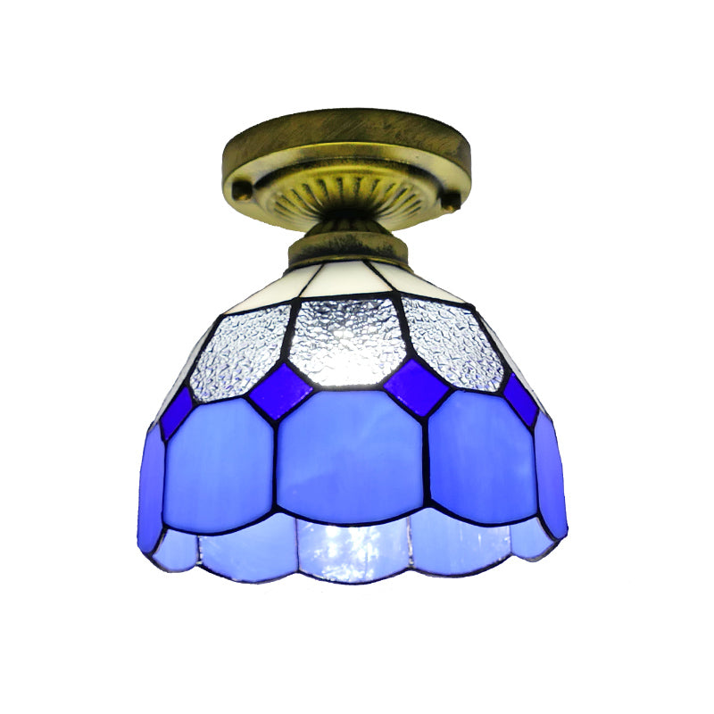 1��Head Flush Mount Light Classic Bell Shade Gridded Glass Semi Flush Ceiling Light Clearhalo 'Ceiling Lights' 'Close To Ceiling Lights' 'Close to ceiling' 'Glass shade' 'Glass' 'Semi-flushmount' 'Tiffany close to ceiling' 'Tiffany' Lighting' 2186409