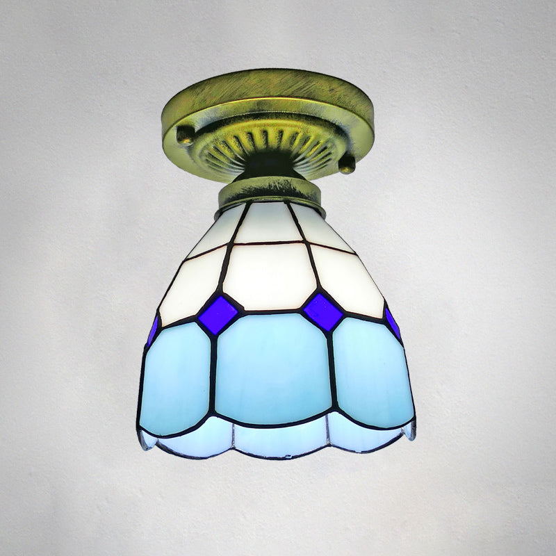 1 Head Flush Mount Light Classic Bell Shade Gridded Glass Semi Flush Ceiling Light Sky Blue 6" Clearhalo 'Ceiling Lights' 'Close To Ceiling Lights' 'Lighting' 2186415_05b17c8c-1755-4d22-9642-cdfe2c19a09d