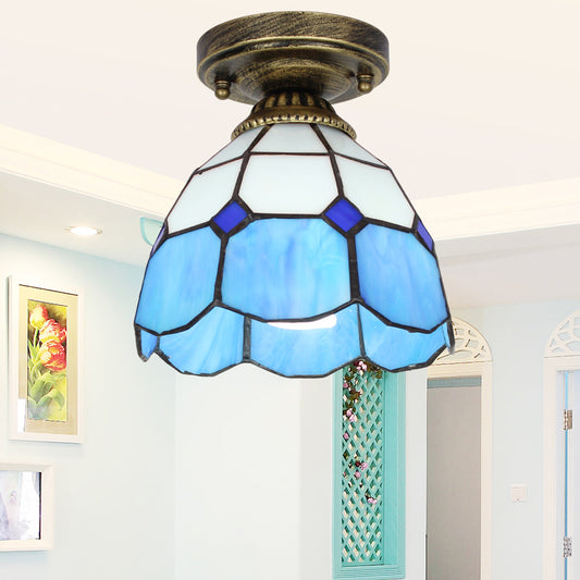 Tiffany Bell Shaped Semi Flush Light Single Gridded Glass Ceiling Flush Mount with Scalloped Trim Sky Blue Clearhalo 'Ceiling Lights' 'Close To Ceiling Lights' 'Close to ceiling' 'Glass shade' 'Glass' 'Semi-flushmount' 'Tiffany close to ceiling' 'Tiffany' Lighting' 2186416