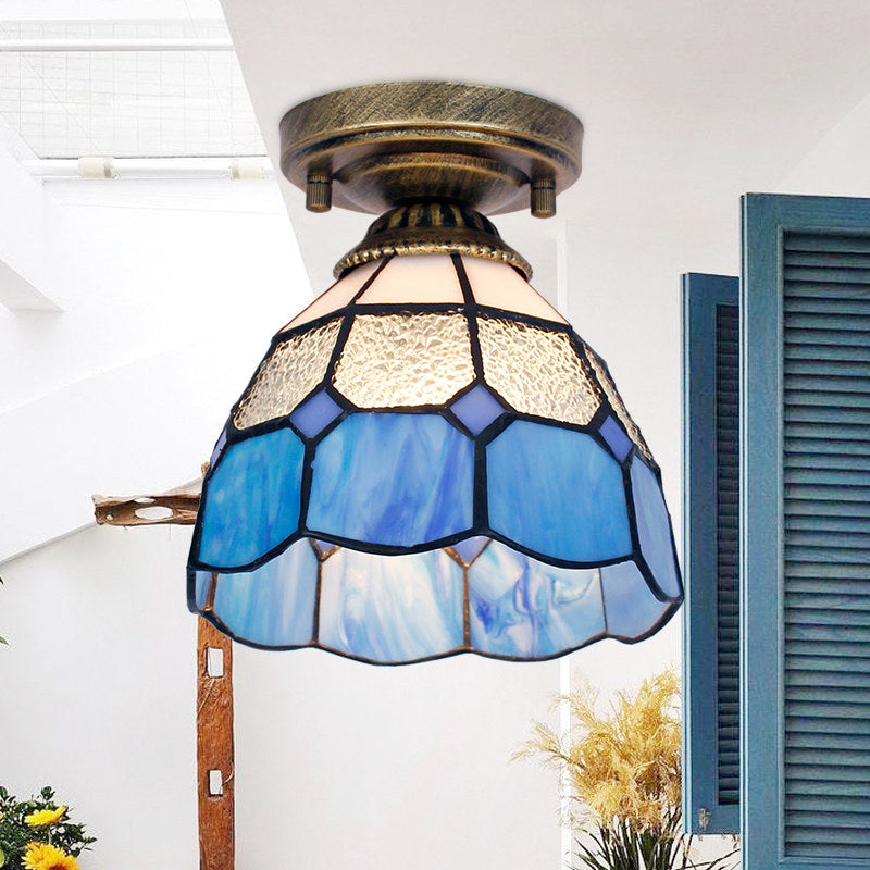 Tiffany Bell Shaped Semi Flush Light Single Gridded Glass Ceiling Flush Mount with Scalloped Trim Blue Clearhalo 'Ceiling Lights' 'Close To Ceiling Lights' 'Close to ceiling' 'Glass shade' 'Glass' 'Semi-flushmount' 'Tiffany close to ceiling' 'Tiffany' Lighting' 2186418