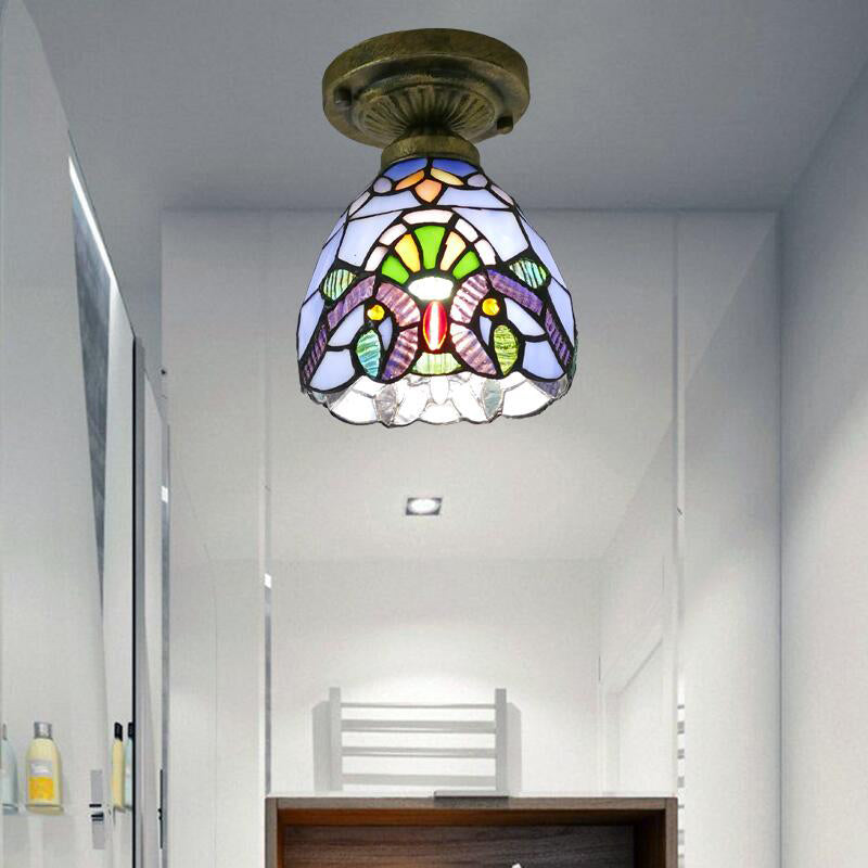 Dome Ceiling Light 1 Bulb Stained Glass Vintage Semi Flush Light Fixture for Corridor Blue 6" Clearhalo 'Ceiling Lights' 'Close To Ceiling Lights' 'Lighting' 2186422_b8b47ec0-f596-46cc-b89f-7fd24633796f