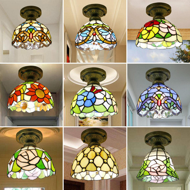 Dome Ceiling Light 1��Bulb Stained Glass Vintage Semi Flush Light Fixture for Corridor Clearhalo 'Ceiling Lights' 'Close To Ceiling Lights' 'Close to ceiling' 'Glass shade' 'Glass' 'Semi-flushmount' 'Tiffany close to ceiling' 'Tiffany' Lighting' 2186423