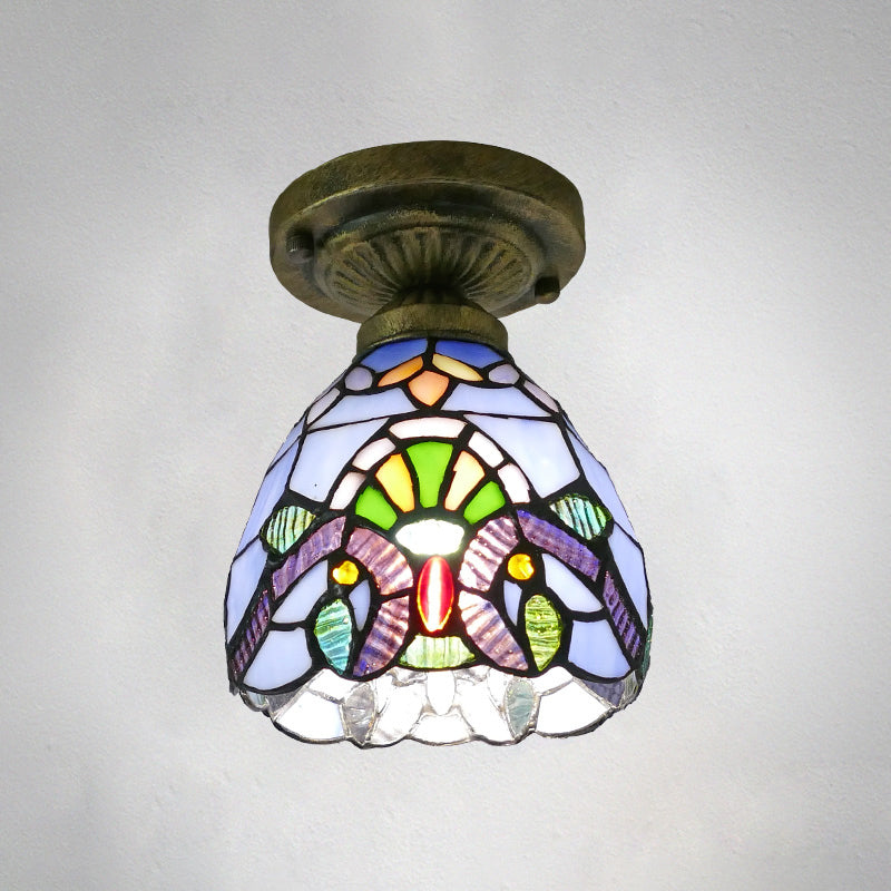Dome Ceiling Light 1 Bulb Stained Glass Vintage Semi Flush Light Fixture for Corridor Clearhalo 'Ceiling Lights' 'Close To Ceiling Lights' 'Lighting' 2186424_6b6f6452-153b-4f49-86d0-655dec22c0aa