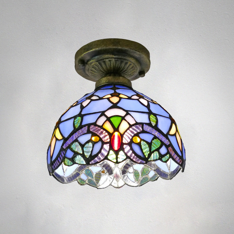 Dome Ceiling Light 1 Bulb Stained Glass Vintage Semi Flush Light Fixture for Corridor Blue 8" Clearhalo 'Ceiling Lights' 'Close To Ceiling Lights' 'Lighting' 2186425_9602bfba-c0b0-4992-9a3b-09895dccb729
