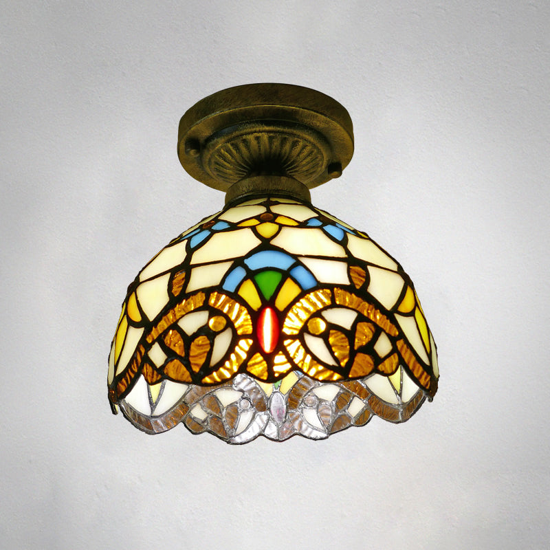 Dome Ceiling Light 1 Bulb Stained Glass Vintage Semi Flush Light Fixture for Corridor Beige 8" Clearhalo 'Ceiling Lights' 'Close To Ceiling Lights' 'Lighting' 2186427_754ff953-05ba-429b-bfff-6afce60c2dee