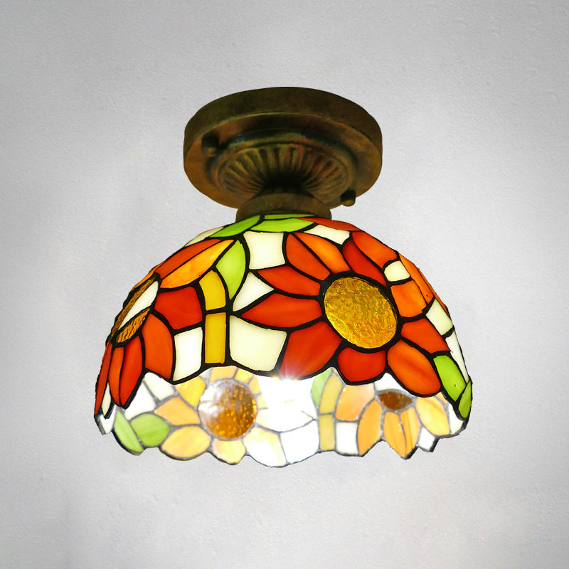 Dome Ceiling Light 1 Bulb Stained Glass Vintage Semi Flush Light Fixture for Corridor Orange 8" Clearhalo 'Ceiling Lights' 'Close To Ceiling Lights' 'Lighting' 2186430_6276584a-c1fc-438c-a9f0-a55ba85b9a08