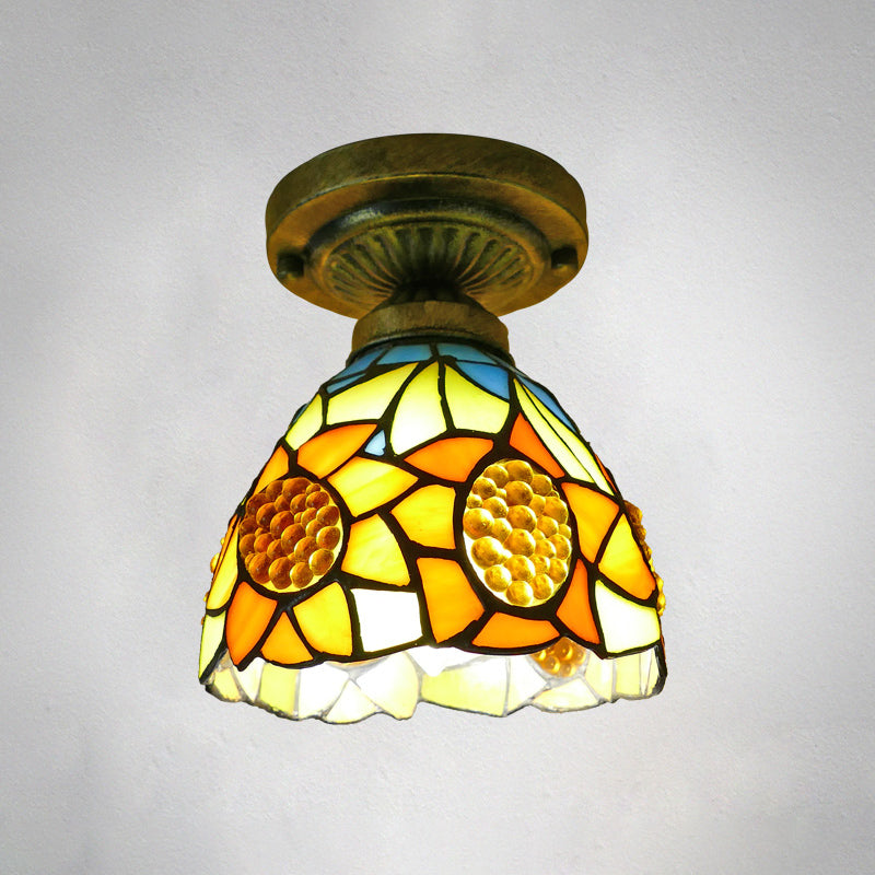 Dome Ceiling Light 1��Bulb Stained Glass Vintage Semi Flush Light Fixture for Corridor Yellow 6" Clearhalo 'Ceiling Lights' 'Close To Ceiling Lights' 'Close to ceiling' 'Glass shade' 'Glass' 'Semi-flushmount' 'Tiffany close to ceiling' 'Tiffany' Lighting' 2186431