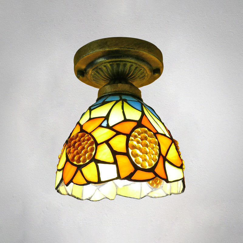 Dome Ceiling Light 1 Bulb Stained Glass Vintage Semi Flush Light Fixture for Corridor Yellow 6" Clearhalo 'Ceiling Lights' 'Close To Ceiling Lights' 'Lighting' 2186431_998987fe-64d1-41a4-936c-13b3de69db9a