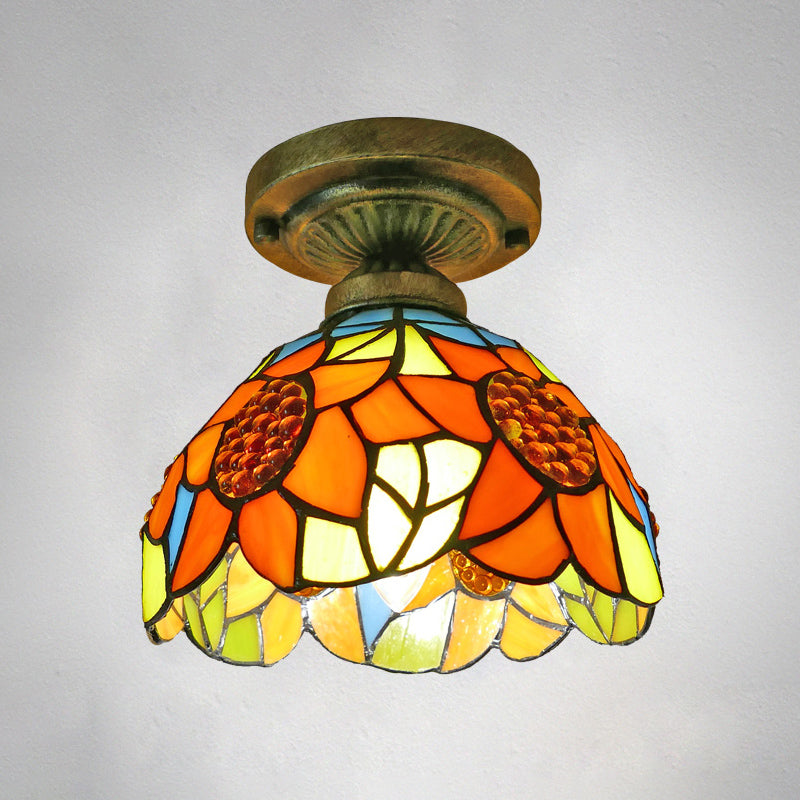 Dome Ceiling Light 1��Bulb Stained Glass Vintage Semi Flush Light Fixture for Corridor Yellow 8" Clearhalo 'Ceiling Lights' 'Close To Ceiling Lights' 'Close to ceiling' 'Glass shade' 'Glass' 'Semi-flushmount' 'Tiffany close to ceiling' 'Tiffany' Lighting' 2186432