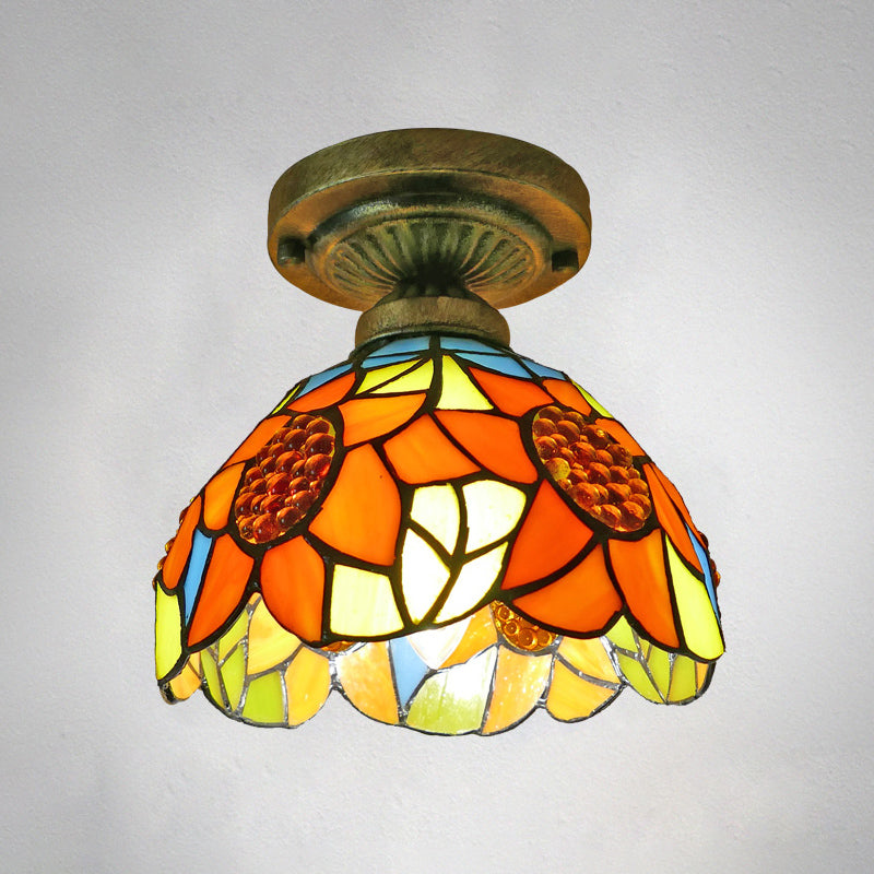Dome Ceiling Light 1 Bulb Stained Glass Vintage Semi Flush Light Fixture for Corridor Yellow 8" Clearhalo 'Ceiling Lights' 'Close To Ceiling Lights' 'Lighting' 2186432_1d7175db-2d71-4ce5-8d52-49e29cf96495