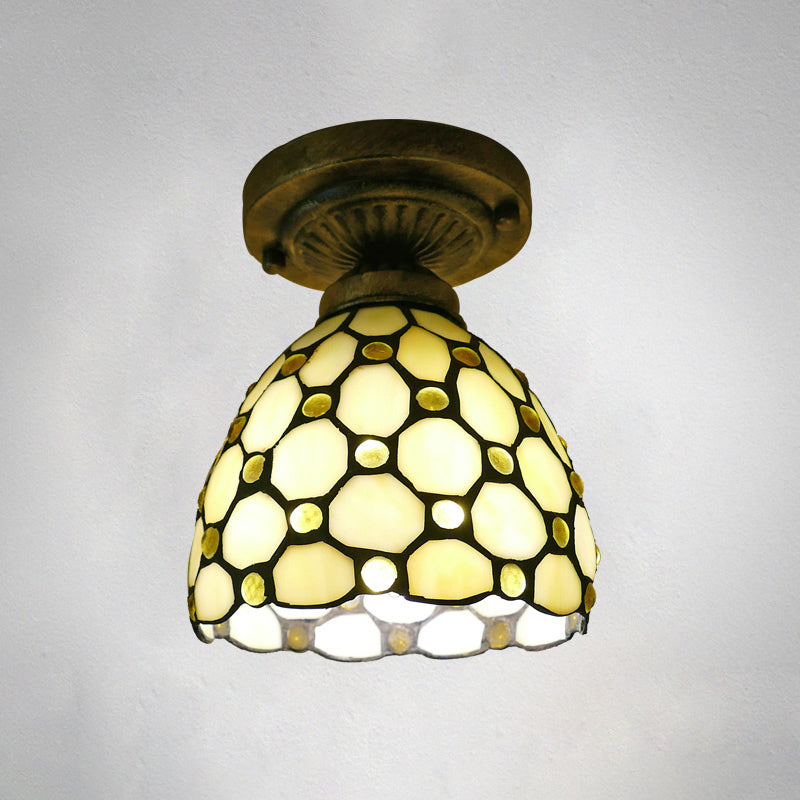 Dome Ceiling Light 1 Bulb Stained Glass Vintage Semi Flush Light Fixture for Corridor Light Yellow 6" Clearhalo 'Ceiling Lights' 'Close To Ceiling Lights' 'Lighting' 2186433_fa505077-0e4e-4c99-b95a-f60e3f4d4dc3