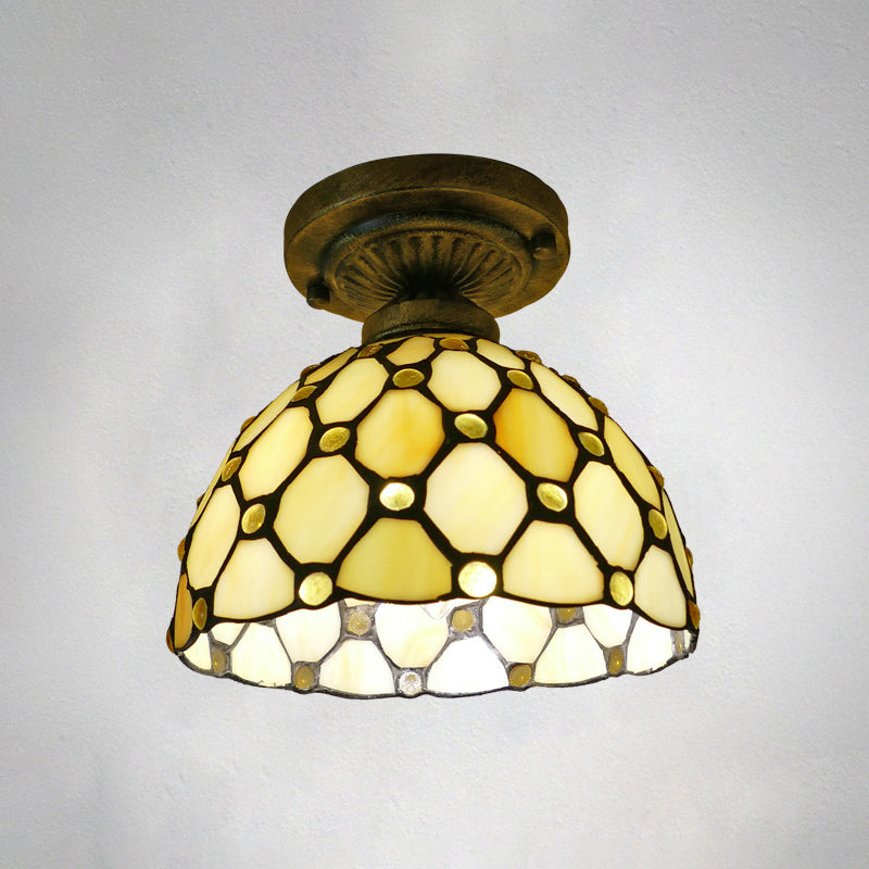 Dome Ceiling Light 1 Bulb Stained Glass Vintage Semi Flush Light Fixture for Corridor Light Yellow 8" Clearhalo 'Ceiling Lights' 'Close To Ceiling Lights' 'Lighting' 2186434_b45f1e73-280e-4b86-9c87-83c631e93271