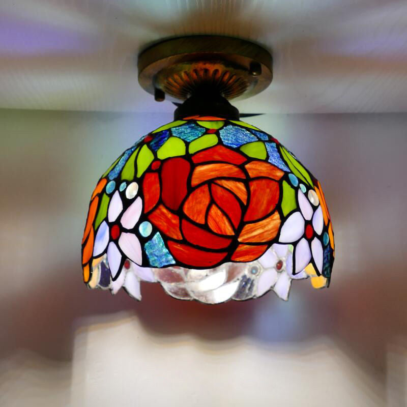 Single Semi Flush Tiffany Style Bowl Shade Stained Art Glass Flush Ceiling Light Fixture Red 8" Clearhalo 'Ceiling Lights' 'Close To Ceiling Lights' 'Close to ceiling' 'Glass shade' 'Glass' 'Semi-flushmount' 'Tiffany close to ceiling' 'Tiffany' Lighting' 2186437