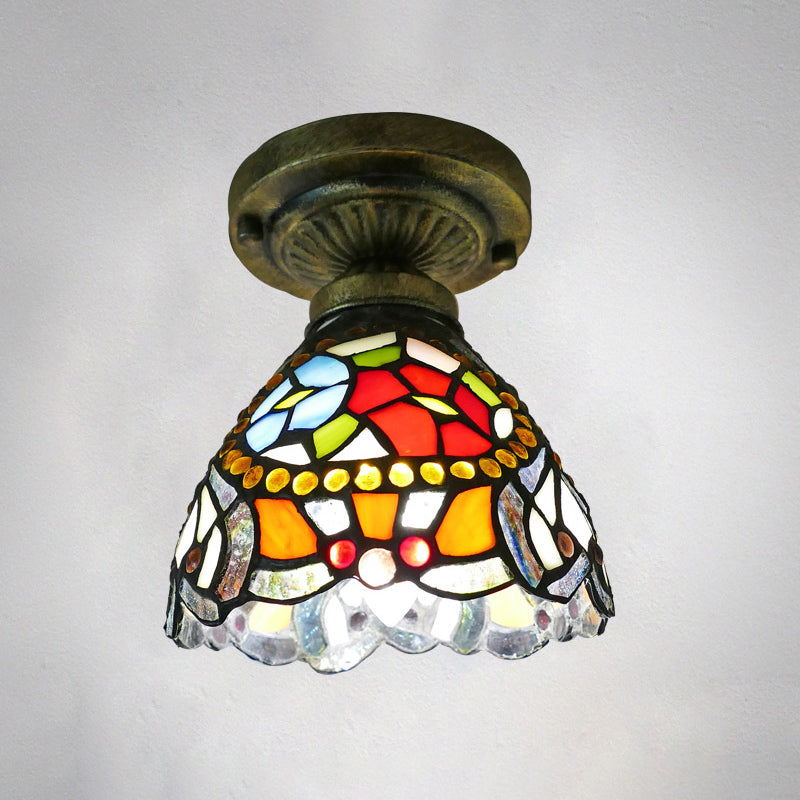 Single Semi Flush Tiffany Style Bowl Shade Stained Art Glass Flush Ceiling Light Fixture Red 6" Clearhalo 'Ceiling Lights' 'Close To Ceiling Lights' 'Close to ceiling' 'Glass shade' 'Glass' 'Semi-flushmount' 'Tiffany close to ceiling' 'Tiffany' Lighting' 2186440