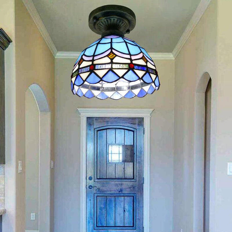 Single Semi Flush Tiffany Style Bowl Shade Stained Art Glass Flush Ceiling Light Fixture Blue 8" Clearhalo 'Ceiling Lights' 'Close To Ceiling Lights' 'Close to ceiling' 'Glass shade' 'Glass' 'Semi-flushmount' 'Tiffany close to ceiling' 'Tiffany' Lighting' 2186441