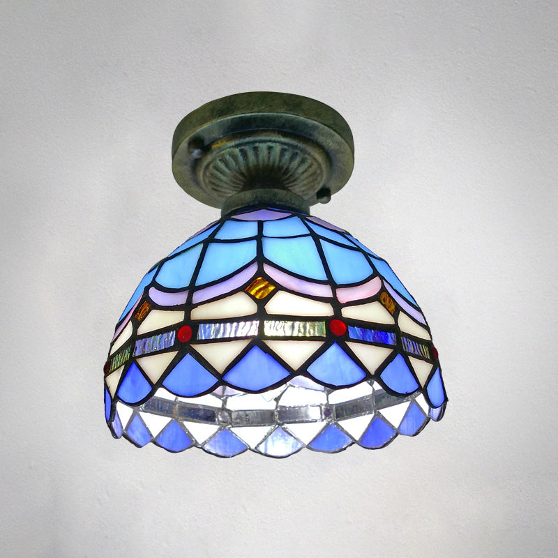 Single Semi Flush Tiffany Style Bowl Shade Stained Art Glass Flush Ceiling Light Fixture Clearhalo 'Ceiling Lights' 'Close To Ceiling Lights' 'Close to ceiling' 'Glass shade' 'Glass' 'Semi-flushmount' 'Tiffany close to ceiling' 'Tiffany' Lighting' 2186442