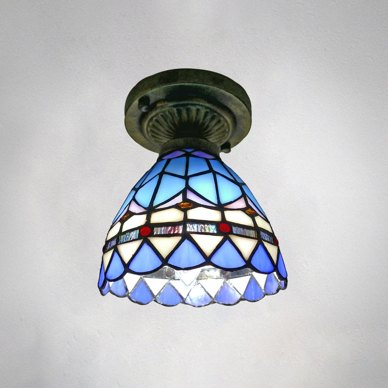 Single Semi Flush Tiffany Style Bowl Shade Stained Art Glass Flush Ceiling Light Fixture Blue 6" Clearhalo 'Ceiling Lights' 'Close To Ceiling Lights' 'Close to ceiling' 'Glass shade' 'Glass' 'Semi-flushmount' 'Tiffany close to ceiling' 'Tiffany' Lighting' 2186443