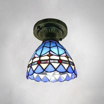 Single Semi Flush Tiffany Style Bowl Shade Stained Art Glass Flush Ceiling Light Fixture Blue 6" Clearhalo 'Ceiling Lights' 'Close To Ceiling Lights' 'Close to ceiling' 'Glass shade' 'Glass' 'Semi-flushmount' 'Tiffany close to ceiling' 'Tiffany' Lighting' 2186443
