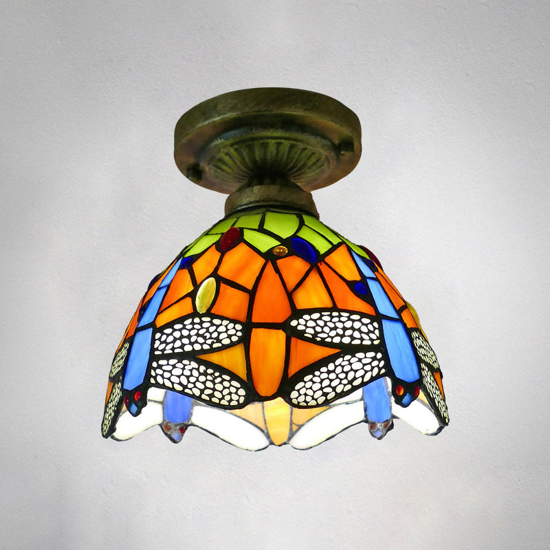 Single Semi Flush Tiffany Style Bowl Shade Stained Art Glass Flush Ceiling Light Fixture Orange 8" Clearhalo 'Ceiling Lights' 'Close To Ceiling Lights' 'Close to ceiling' 'Glass shade' 'Glass' 'Semi-flushmount' 'Tiffany close to ceiling' 'Tiffany' Lighting' 2186444