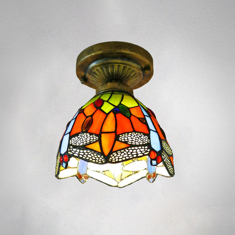 Single Semi Flush Tiffany Style Bowl Shade Stained Art Glass Flush Ceiling Light Fixture Orange 6" Clearhalo 'Ceiling Lights' 'Close To Ceiling Lights' 'Close to ceiling' 'Glass shade' 'Glass' 'Semi-flushmount' 'Tiffany close to ceiling' 'Tiffany' Lighting' 2186446