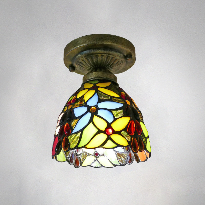Single Semi Flush Tiffany Style Bowl Shade Stained Art Glass Flush Ceiling Light Fixture Yellow 6" Clearhalo 'Ceiling Lights' 'Close To Ceiling Lights' 'Close to ceiling' 'Glass shade' 'Glass' 'Semi-flushmount' 'Tiffany close to ceiling' 'Tiffany' Lighting' 2186448