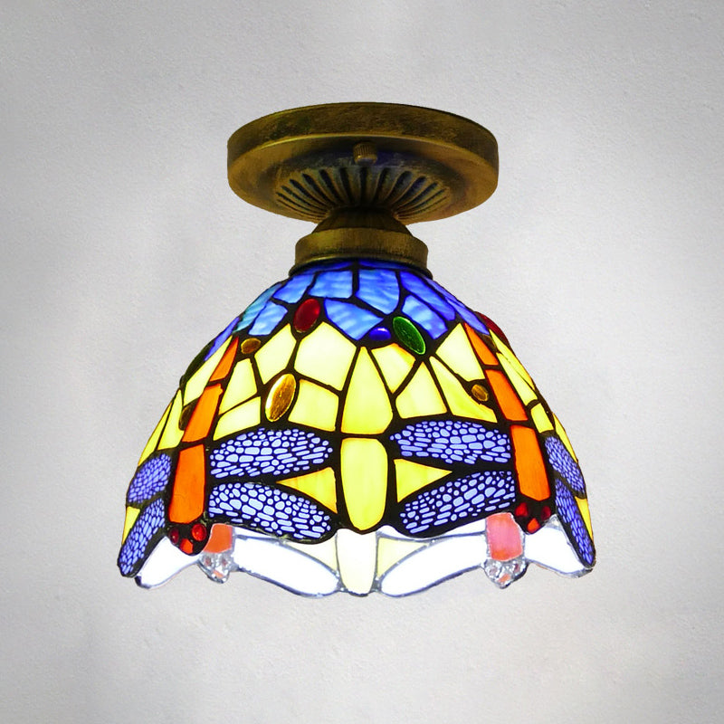 Single Semi Flush Tiffany Style Bowl Shade Stained Art Glass Flush Ceiling Light Fixture Royal Blue 8" Clearhalo 'Ceiling Lights' 'Close To Ceiling Lights' 'Close to ceiling' 'Glass shade' 'Glass' 'Semi-flushmount' 'Tiffany close to ceiling' 'Tiffany' Lighting' 2186449