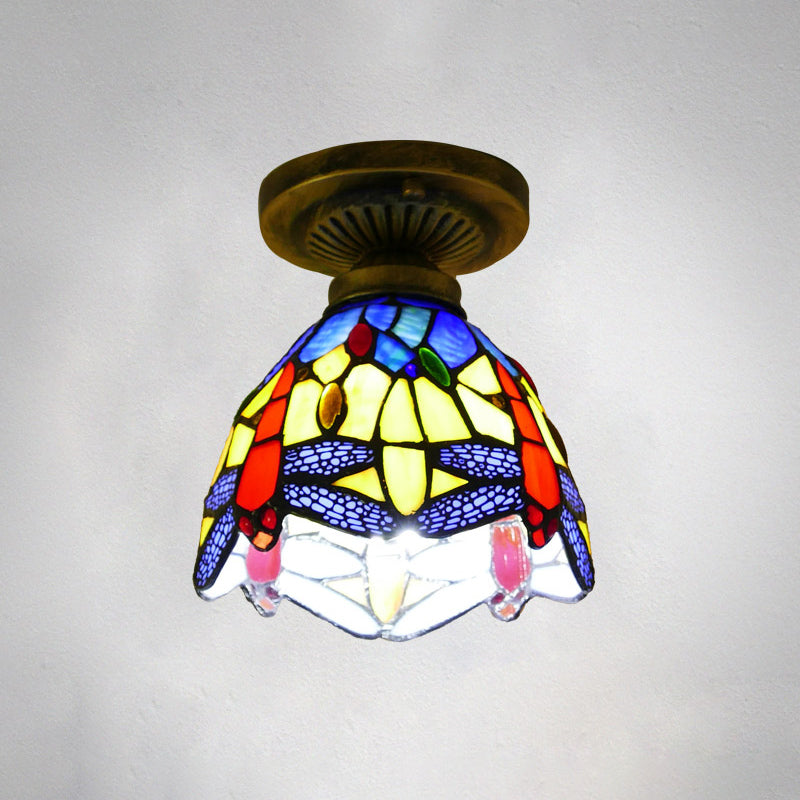 Single Semi Flush Tiffany Style Bowl Shade Stained Art Glass Flush Ceiling Light Fixture Royal Blue 6" Clearhalo 'Ceiling Lights' 'Close To Ceiling Lights' 'Close to ceiling' 'Glass shade' 'Glass' 'Semi-flushmount' 'Tiffany close to ceiling' 'Tiffany' Lighting' 2186450