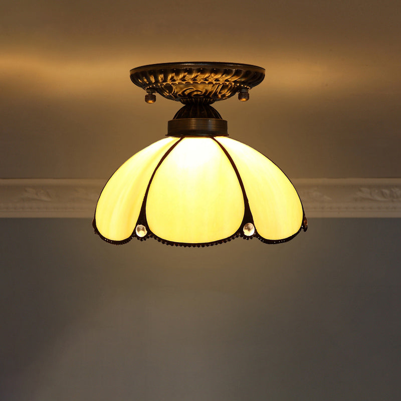 Decorative Dome Shade Semi Flush Mount 1-Light Stained Glass Ceiling Mounted Light Yellow Clearhalo 'Ceiling Lights' 'Close To Ceiling Lights' 'Close to ceiling' 'Glass shade' 'Glass' 'Semi-flushmount' 'Tiffany close to ceiling' 'Tiffany' Lighting' 2186451