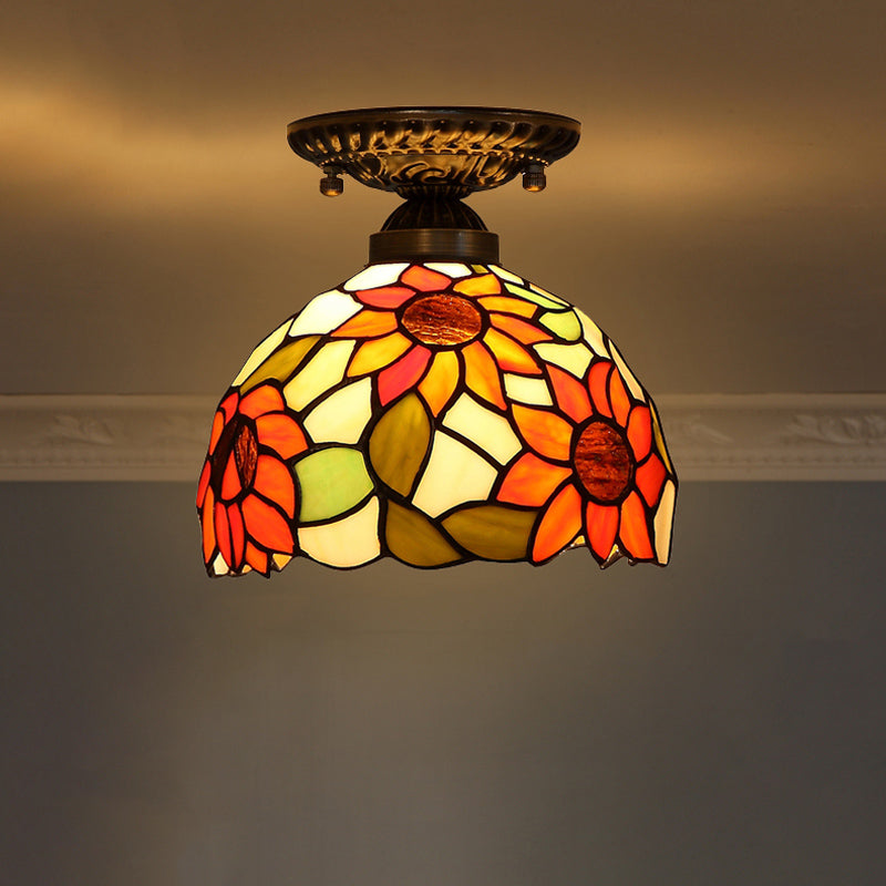 Decorative Dome Shade Semi Flush Mount 1-Light Stained Glass Ceiling Mounted Light Orange Clearhalo 'Ceiling Lights' 'Close To Ceiling Lights' 'Close to ceiling' 'Glass shade' 'Glass' 'Semi-flushmount' 'Tiffany close to ceiling' 'Tiffany' Lighting' 2186454