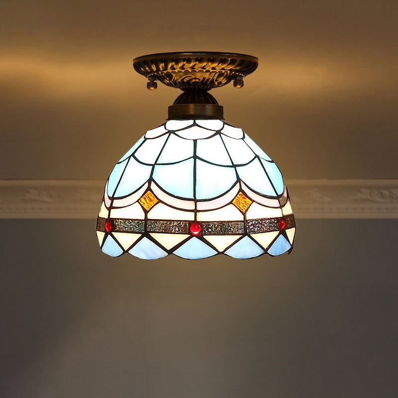 Decorative Dome Shade Semi Flush Mount 1-Light Stained Glass Ceiling Mounted Light Blue Clearhalo 'Ceiling Lights' 'Close To Ceiling Lights' 'Close to ceiling' 'Glass shade' 'Glass' 'Semi-flushmount' 'Tiffany close to ceiling' 'Tiffany' Lighting' 2186455