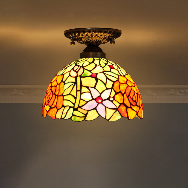 Decorative Dome Shade Semi Flush Mount 1-Light Stained Glass Ceiling Mounted Light Light Yellow Clearhalo 'Ceiling Lights' 'Close To Ceiling Lights' 'Close to ceiling' 'Glass shade' 'Glass' 'Semi-flushmount' 'Tiffany close to ceiling' 'Tiffany' Lighting' 2186457