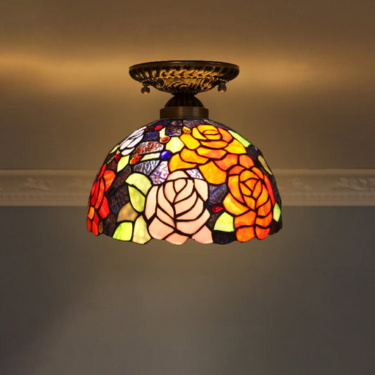 Decorative Dome Shade Semi Flush Mount 1-Light Stained Glass Ceiling Mounted Light Orange Red Clearhalo 'Ceiling Lights' 'Close To Ceiling Lights' 'Close to ceiling' 'Glass shade' 'Glass' 'Semi-flushmount' 'Tiffany close to ceiling' 'Tiffany' Lighting' 2186458
