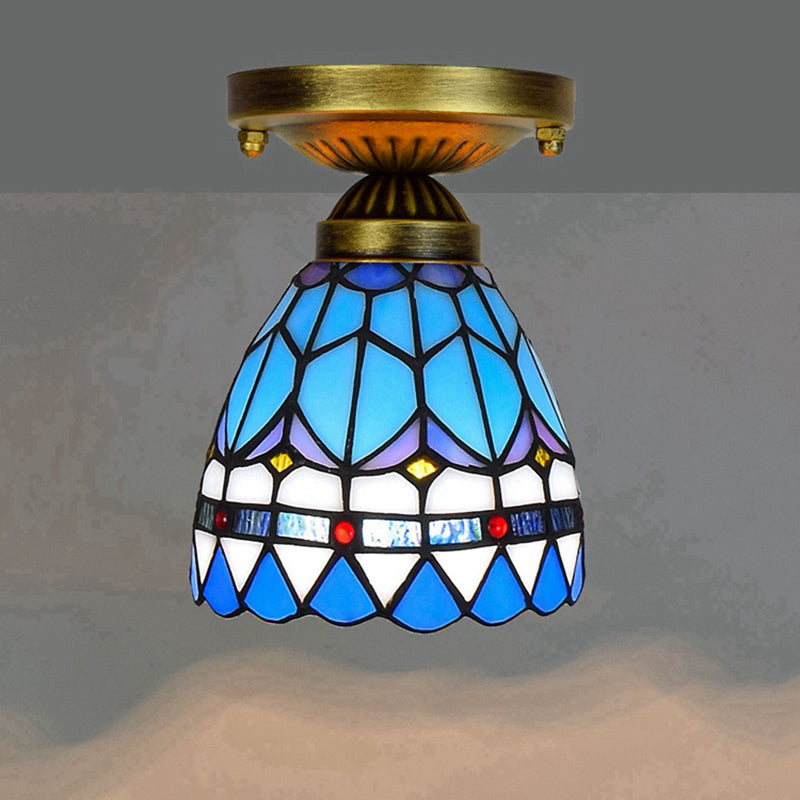 Shaded Flush Mount Light Tiffany Single-Bulb Stained Art Glass Semi Flush Ceiling Light Peacock Blue Clearhalo 'Ceiling Lights' 'Close To Ceiling Lights' 'Close to ceiling' 'Glass shade' 'Glass' 'Semi-flushmount' 'Tiffany close to ceiling' 'Tiffany' Lighting' 2186466