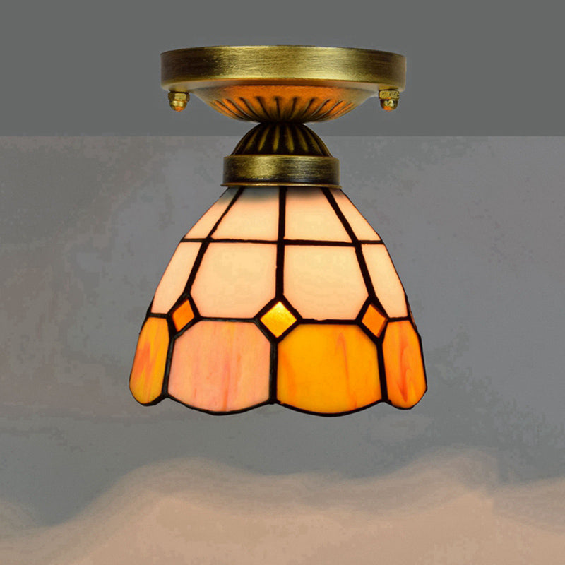 Shaded Flush Mount Light Tiffany Single-Bulb Stained Art Glass Semi Flush Ceiling Light Fluorescent Orange Clearhalo 'Ceiling Lights' 'Close To Ceiling Lights' 'Close to ceiling' 'Glass shade' 'Glass' 'Semi-flushmount' 'Tiffany close to ceiling' 'Tiffany' Lighting' 2186472