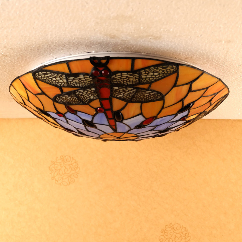 3 Bulbs Flush Mount Tiffany Style Dragonfly Pattern Handcrafted Glass Flushmount Ceiling Light Clearhalo 'Ceiling Lights' 'Close To Ceiling Lights' 'Close to ceiling' 'Flush mount' Lighting' 2186480