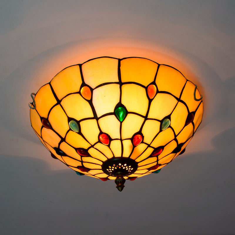 Traditional Bowl Shade Flush Ceiling Light Stained Art Glass Flush Mount Lighting Fixture Lemon Yellow 12" Clearhalo 'Ceiling Lights' 'Close To Ceiling Lights' 'Close to ceiling' 'Flush mount' Lighting' 2186493