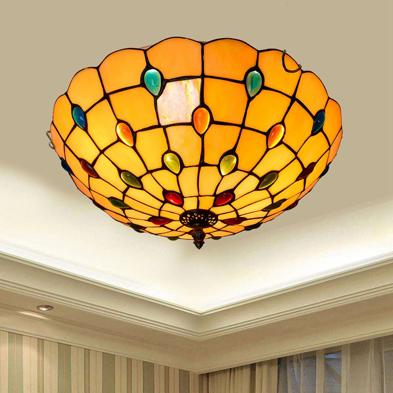 Traditional Bowl Shade Flush Ceiling Light Stained Art Glass Flush Mount Lighting Fixture Lemon Yellow 16" Clearhalo 'Ceiling Lights' 'Close To Ceiling Lights' 'Close to ceiling' 'Flush mount' Lighting' 2186494