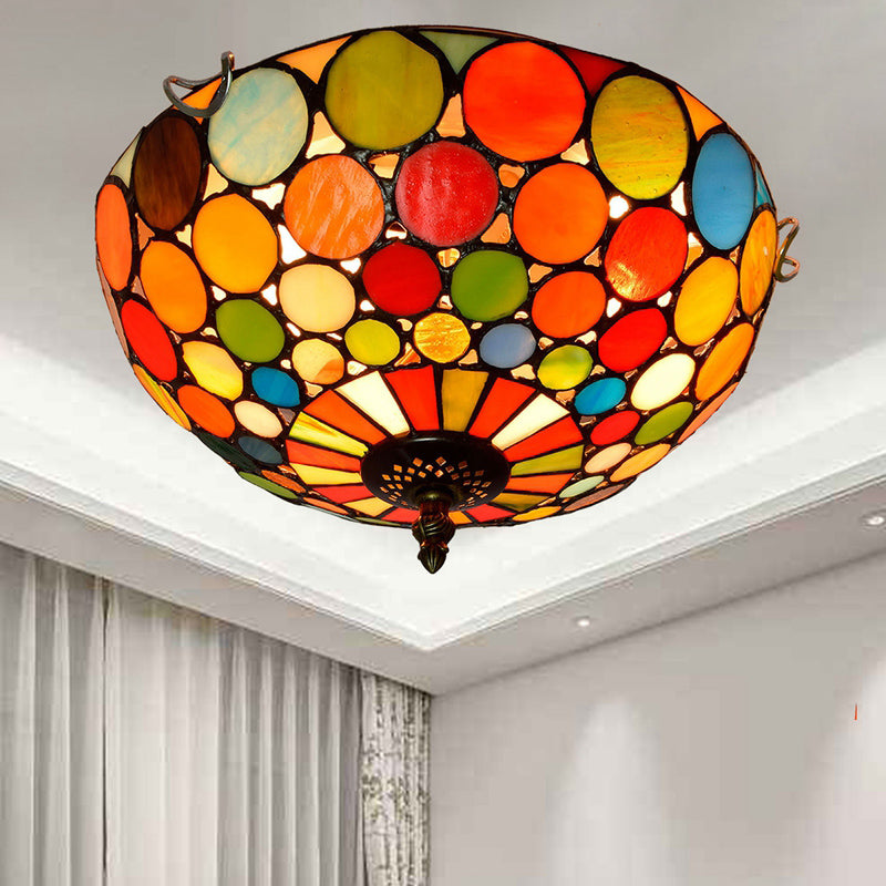 Traditional Bowl Shade Flush Ceiling Light Stained Art Glass Flush Mount Lighting Fixture Red 12" Clearhalo 'Ceiling Lights' 'Close To Ceiling Lights' 'Close to ceiling' 'Flush mount' Lighting' 2186503