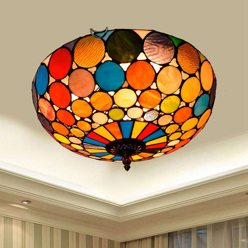 Traditional Bowl Shade Flush Ceiling Light Stained Art Glass Flush Mount Lighting Fixture Red 16" Clearhalo 'Ceiling Lights' 'Close To Ceiling Lights' 'Close to ceiling' 'Flush mount' Lighting' 2186504
