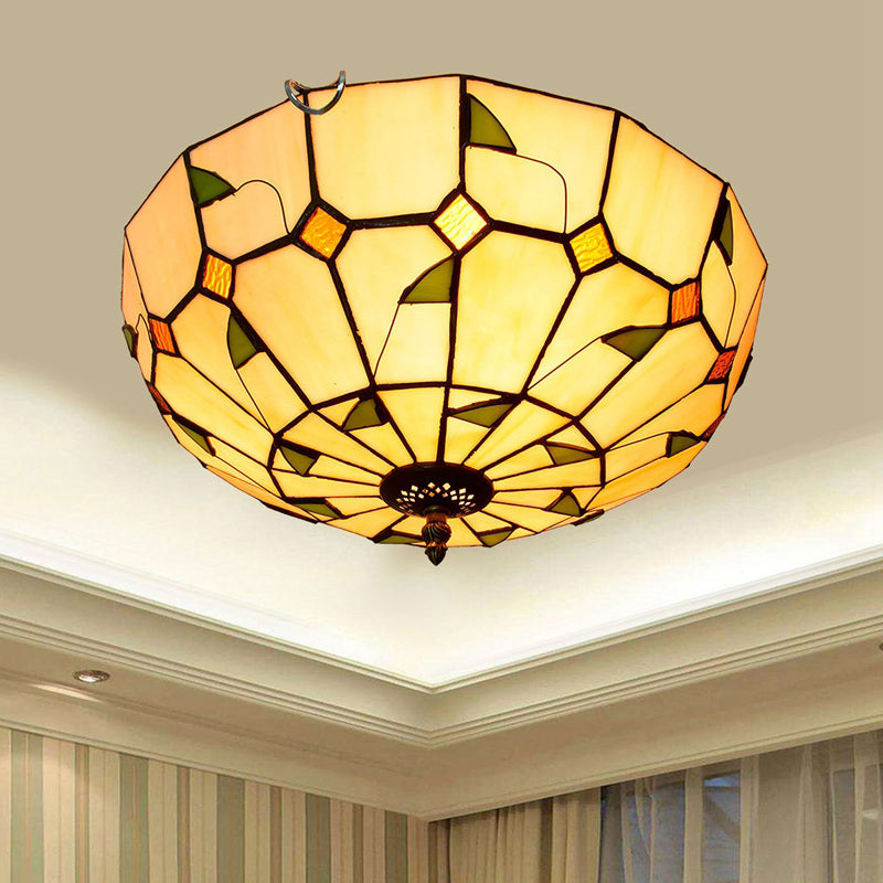 Traditional Bowl Shade Flush Ceiling Light Stained Art Glass Flush Mount Lighting Fixture Dark Beige 16" Clearhalo 'Ceiling Lights' 'Close To Ceiling Lights' 'Close to ceiling' 'Flush mount' Lighting' 2186508
