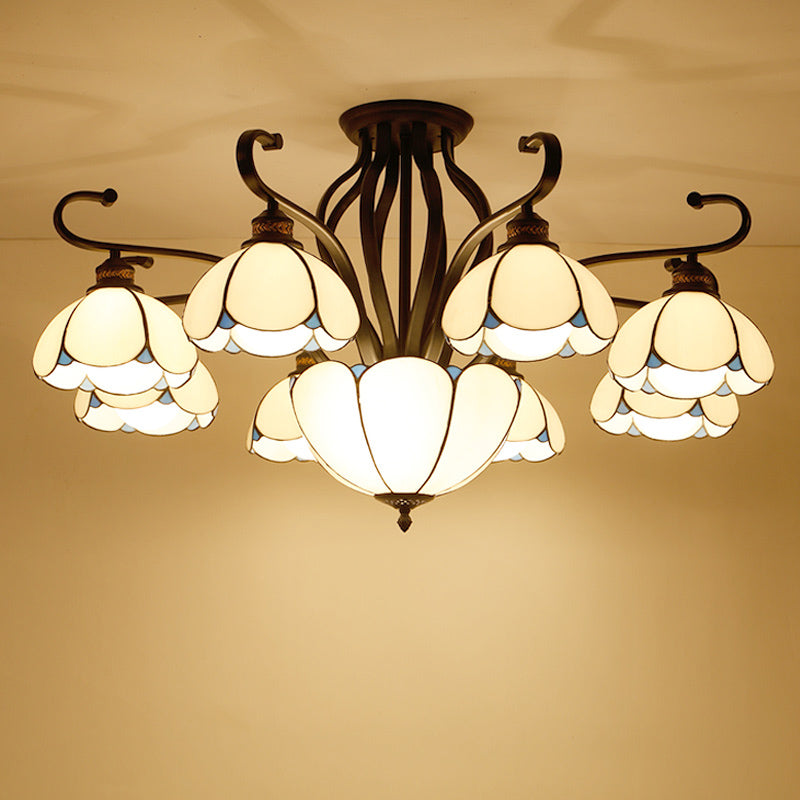 Scalloped Semi Flush Handcrafted Glass Tiffany Ceiling Mount Chandelier for Living Room Clearhalo 'Ceiling Lights' 'Close To Ceiling Lights' 'Close to ceiling' 'Glass shade' 'Glass' 'Pendant Lights' 'Semi-flushmount' 'Tiffany close to ceiling' 'Tiffany' Lighting' 2186512