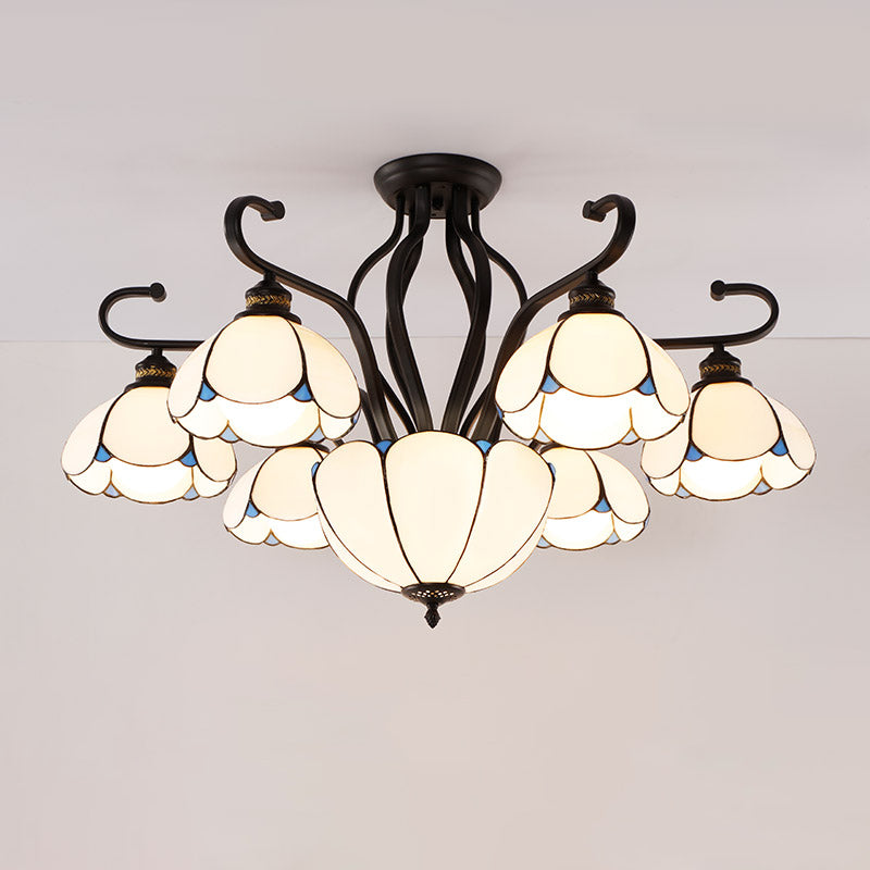 Scalloped Semi Flush Handcrafted Glass Tiffany Ceiling Mount Chandelier for Living Room Clearhalo 'Ceiling Lights' 'Close To Ceiling Lights' 'Close to ceiling' 'Glass shade' 'Glass' 'Pendant Lights' 'Semi-flushmount' 'Tiffany close to ceiling' 'Tiffany' Lighting' 2186515