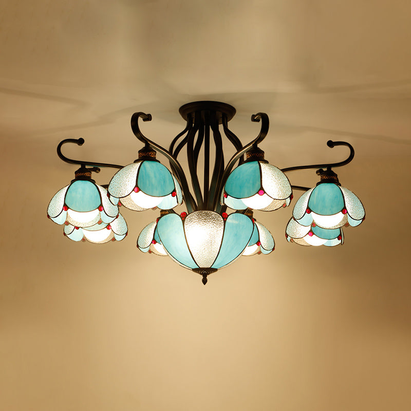 Scalloped Semi Flush Handcrafted Glass Tiffany Ceiling Mount Chandelier for Living Room Clearhalo 'Ceiling Lights' 'Close To Ceiling Lights' 'Close to ceiling' 'Glass shade' 'Glass' 'Pendant Lights' 'Semi-flushmount' 'Tiffany close to ceiling' 'Tiffany' Lighting' 2186519