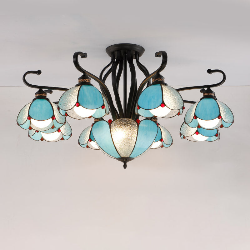 Scalloped Semi Flush Handcrafted Glass Tiffany Ceiling Mount Chandelier for Living Room Clearhalo 'Ceiling Lights' 'Close To Ceiling Lights' 'Close to ceiling' 'Glass shade' 'Glass' 'Pendant Lights' 'Semi-flushmount' 'Tiffany close to ceiling' 'Tiffany' Lighting' 2186520