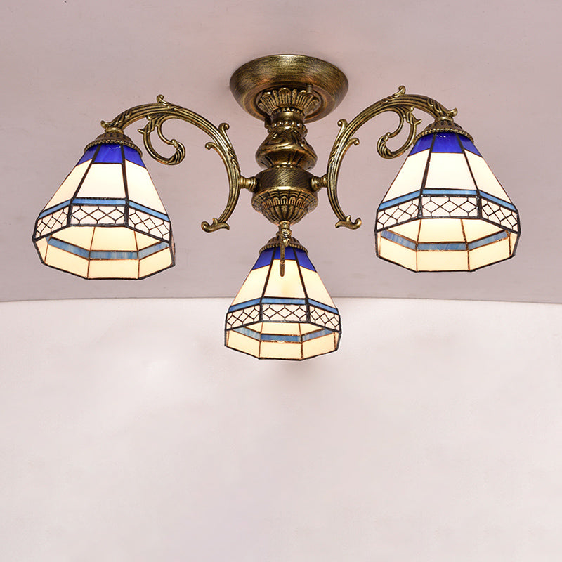 Blue 3 Heads Ceiling Light Tiffany Style Stained Glass Bell Shade Semi Flush Light Fixture Blue Clearhalo 'Ceiling Lights' 'Close To Ceiling Lights' 'Close to ceiling' 'Glass shade' 'Glass' 'Pendant Lights' 'Semi-flushmount' 'Tiffany close to ceiling' 'Tiffany' Lighting' 2186525