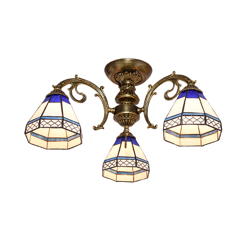 Blue 3 Heads Ceiling Light Tiffany Style Stained Glass Bell Shade Semi Flush Light Fixture Clearhalo 'Ceiling Lights' 'Close To Ceiling Lights' 'Close to ceiling' 'Glass shade' 'Glass' 'Pendant Lights' 'Semi-flushmount' 'Tiffany close to ceiling' 'Tiffany' Lighting' 2186528