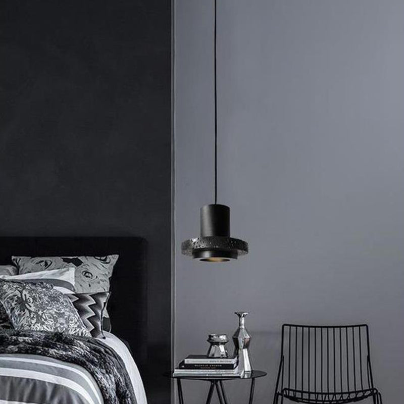 Flat Round Ceiling Lighting Simplicity Terrazzo Single-Bulb Black Hat Hanging Lamp Black 7" Clearhalo 'Ceiling Lights' 'Modern Pendants' 'Modern' 'Pendant Lights' 'Pendants' Lighting' 2186679